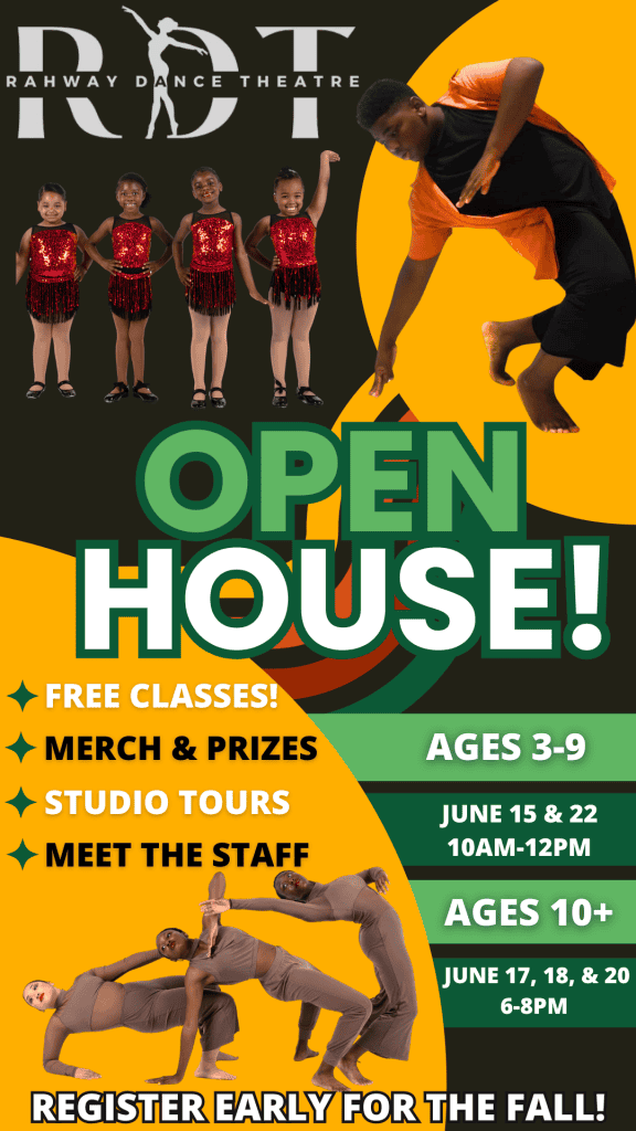 Vibrant dance studio open house event featuring children in costumes and dance performances, located at Rahway Dance Theatre.