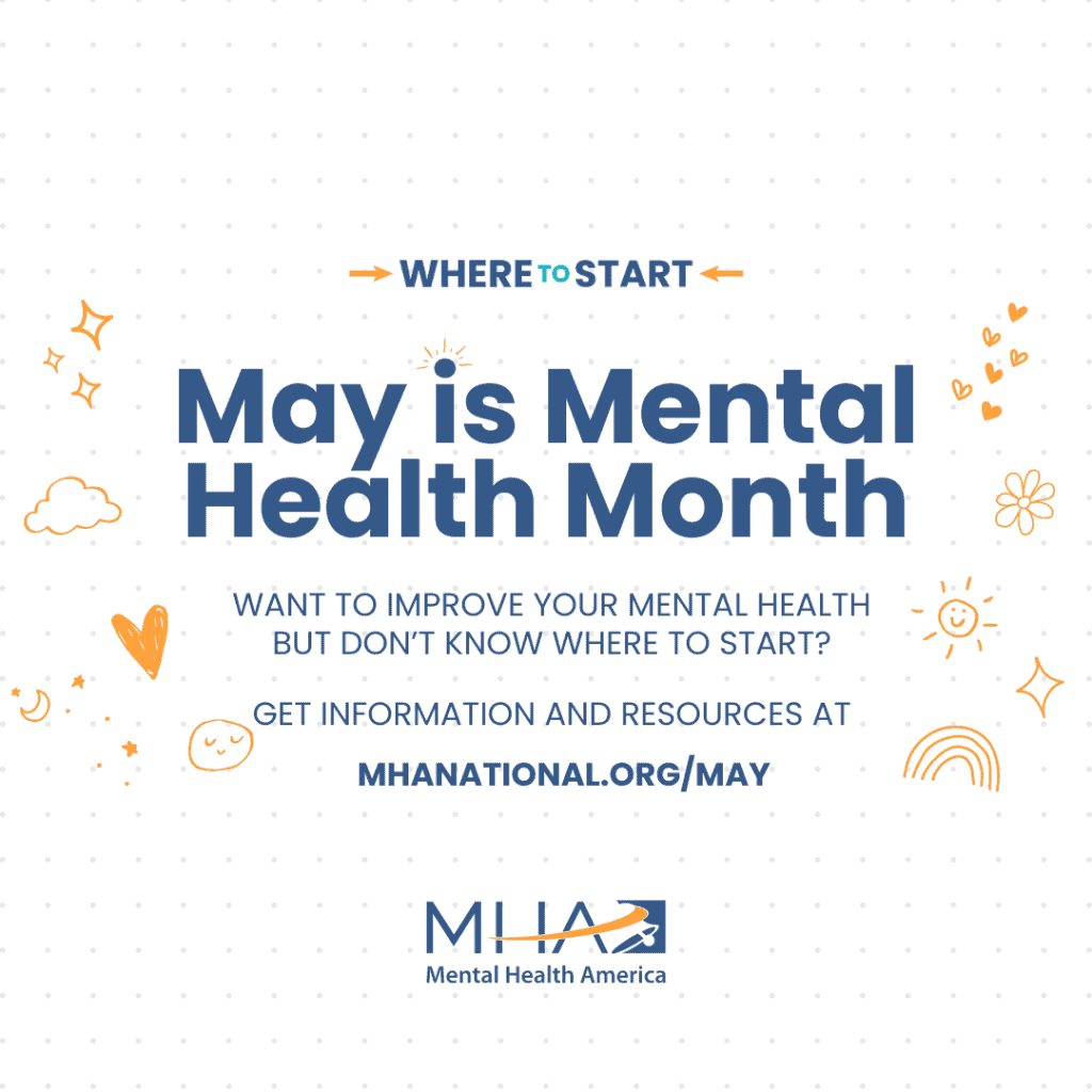 Supportive image of Mental Health Month awareness in May, with colorful cheerful illustrations.